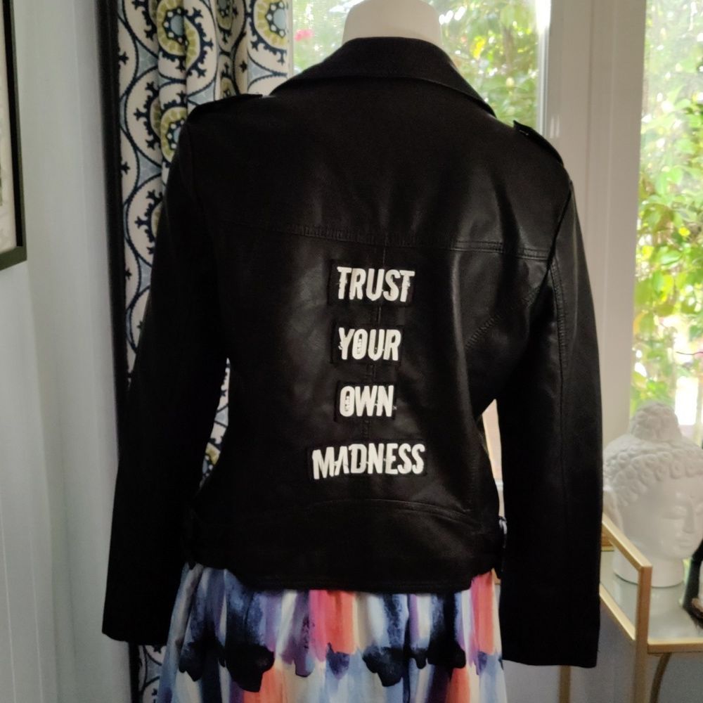 Black Faux Leather Jacket with Graphic Text